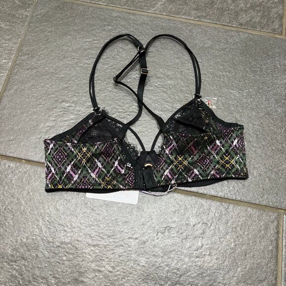Savage X Fenty A Little Tart Unlined Bra Black Lace Plaid 32C Plunge Feminine - Picture 9 of 11